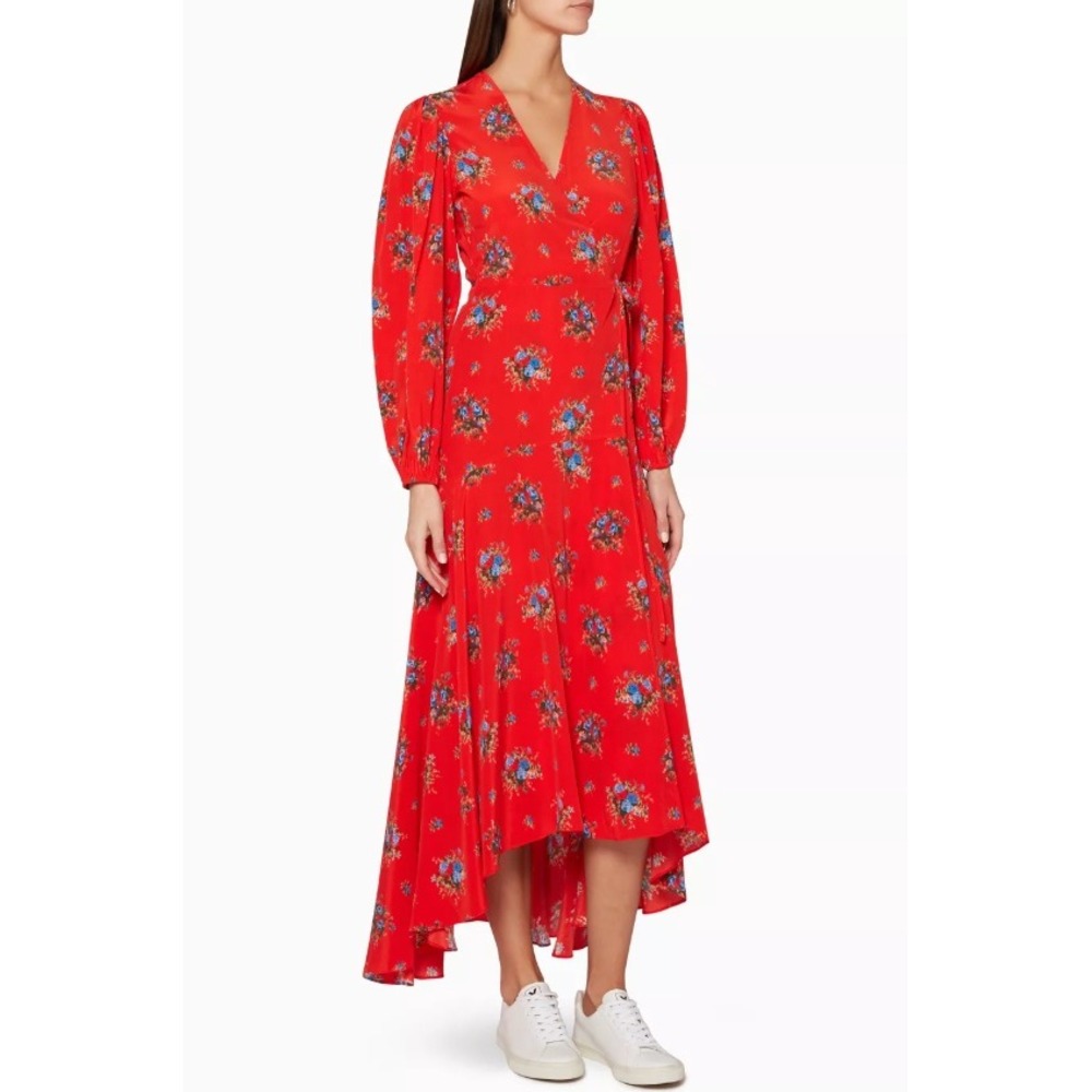 Ganni Kochhar Wrap Dress Red Floral-Print Silk V-neck High-Low Maxi Size 36 US 4